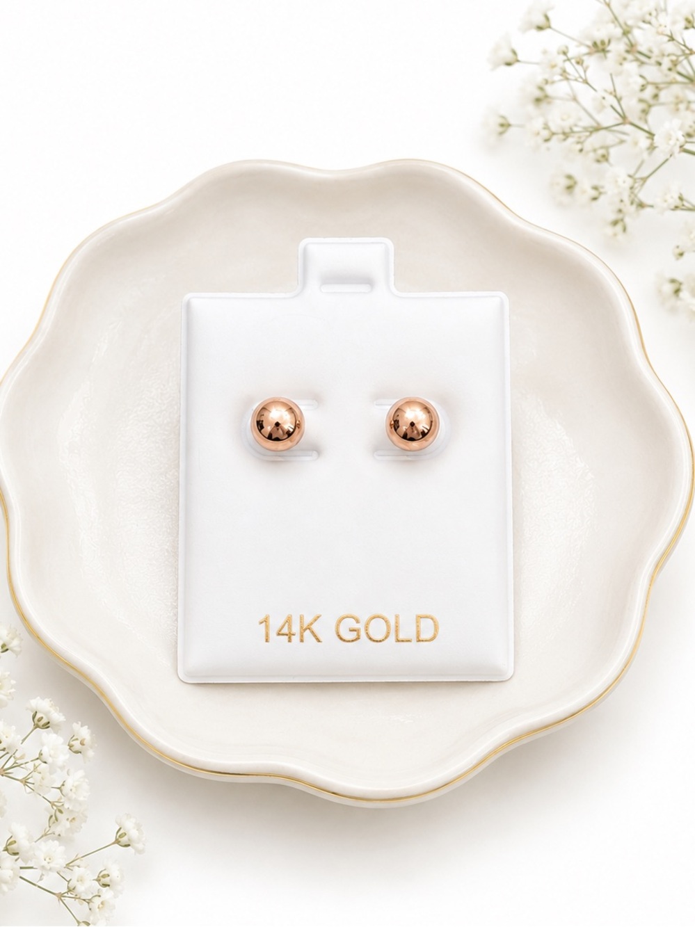 14K Rose Gold 6mm Ball Stud Earrings NEW